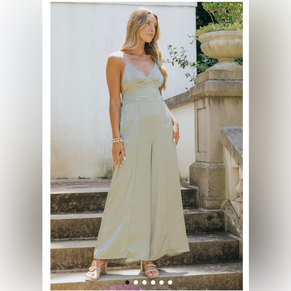 Opal Green Satin Open Back Wide Leg Jumpsuit